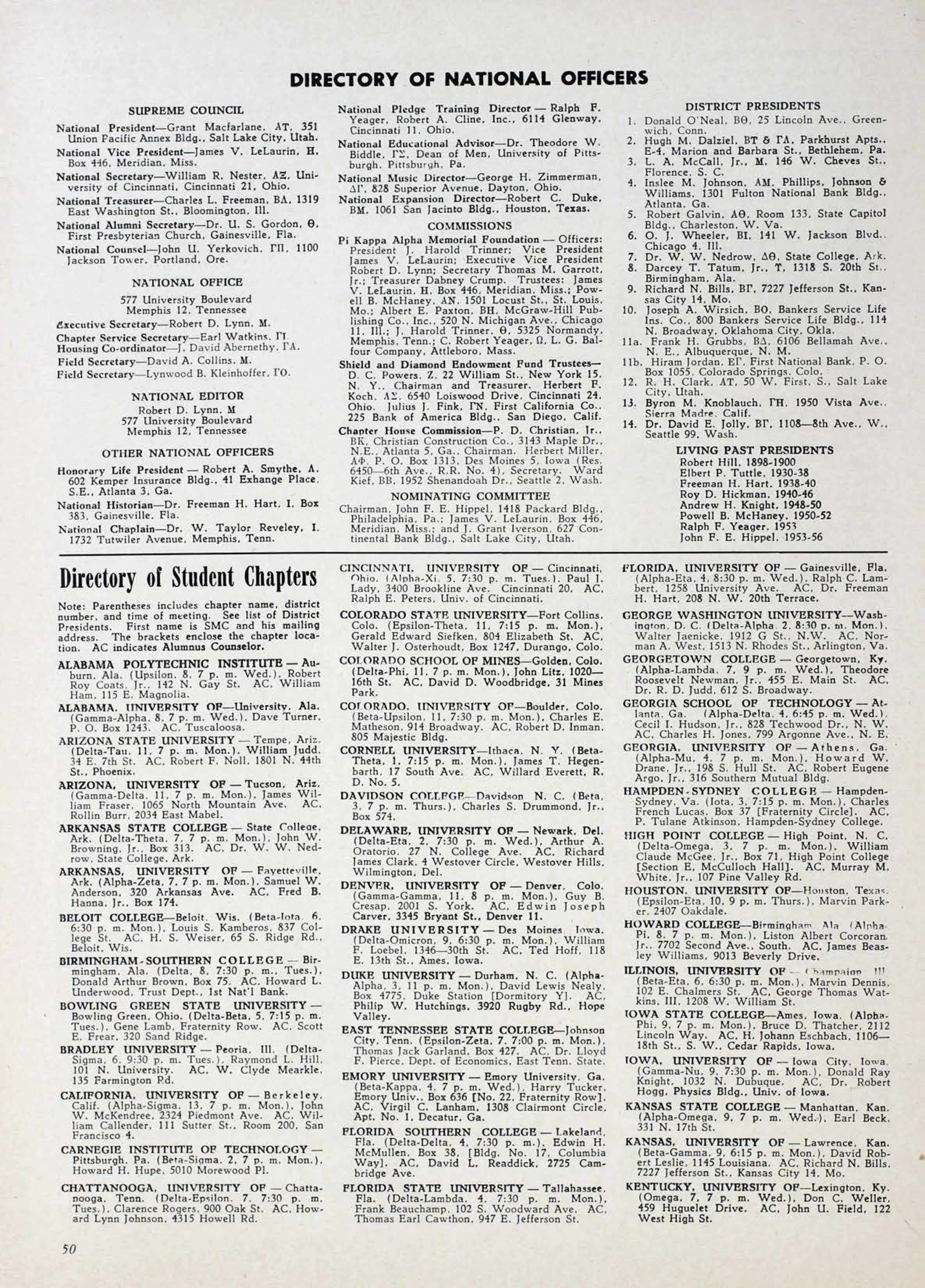 Directory of National Officers, December 1957